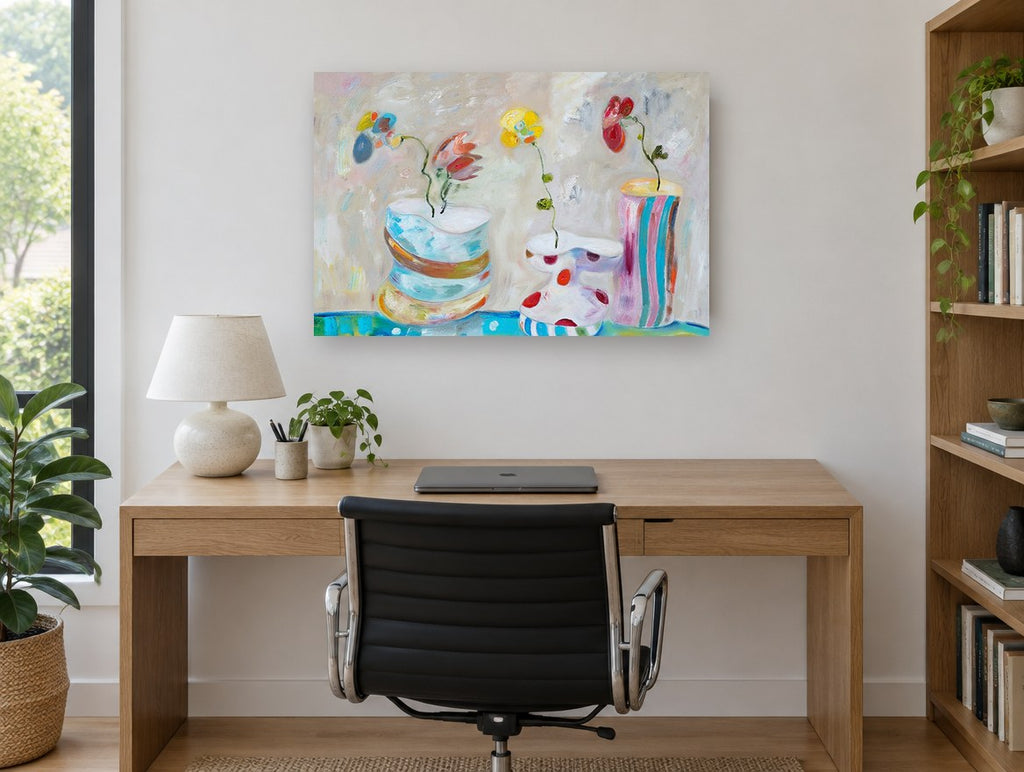 Three Playful Vases floral canvas print on the wall of a study