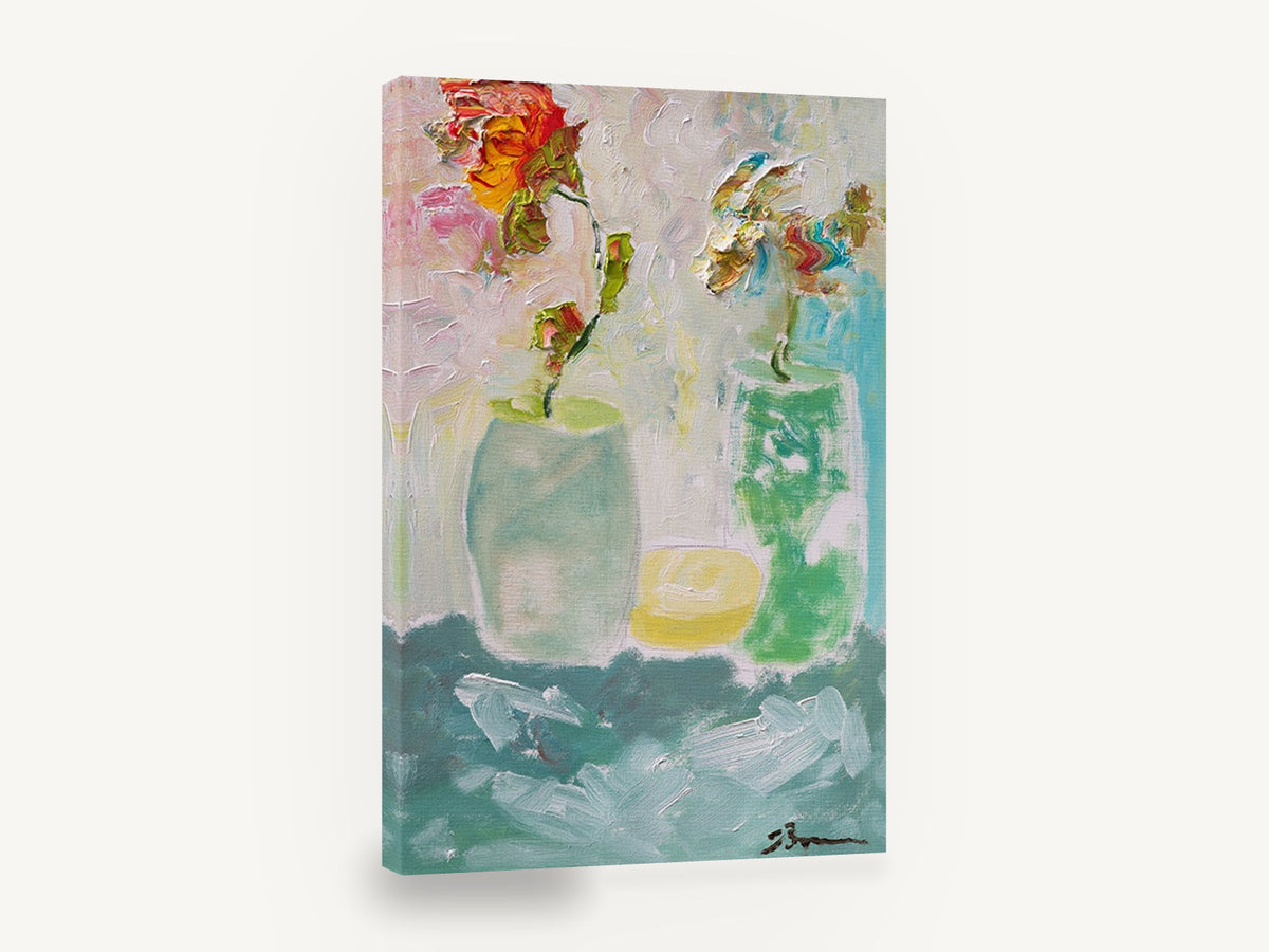 Two Vases Sunrise, two vases orange blooms impressionist still life, floral canvas wall art print ready to hang