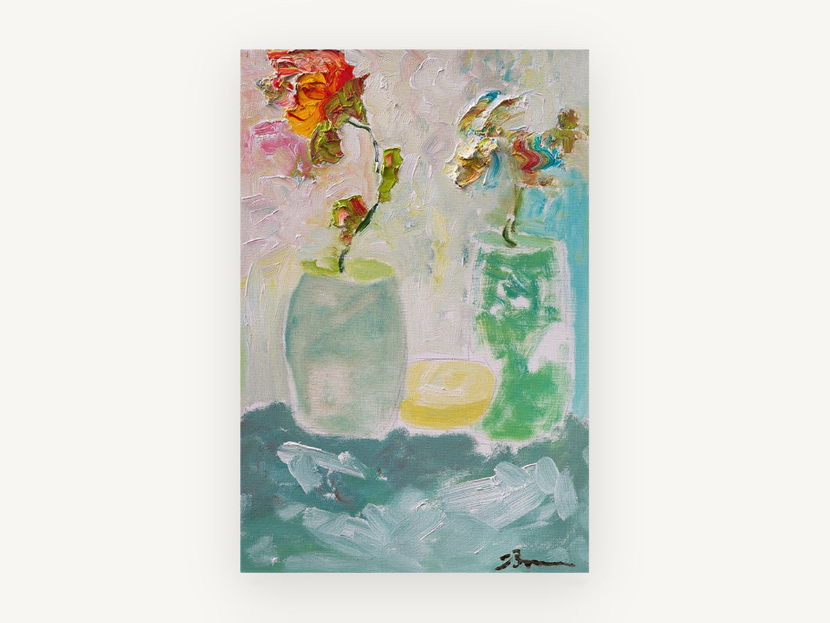 Two Vases Sunrise, floral canvas wall art print, front view