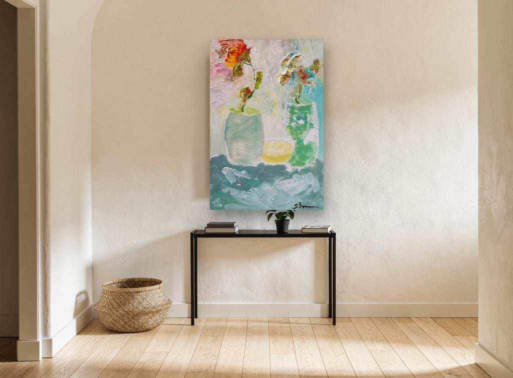 Two Vases Sunrise floral canvas print on the wall of a hallway