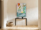 Two Vases Sunrise floral canvas print on the wall of a hallway