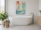 Two Vases Sunrise floral canvas print on the wall of a bathroom