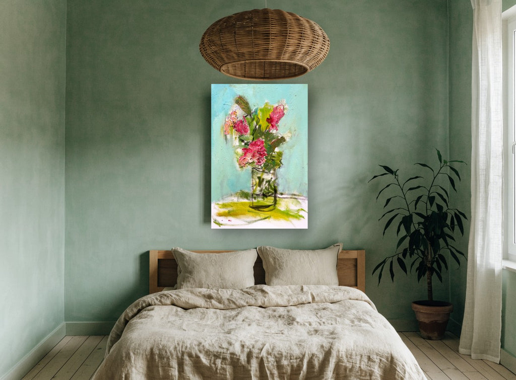 Pink Posy on Turquoise floral canvas print on the wall of a bedroom