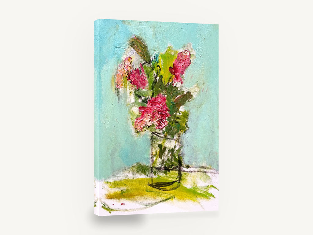 Pink Posy on Turquoise, pink flowers in glass vase expressive, floral canvas wall art print ready to hang