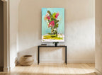 Pink Posy on Turquoise floral canvas print on the wall of a hallway
