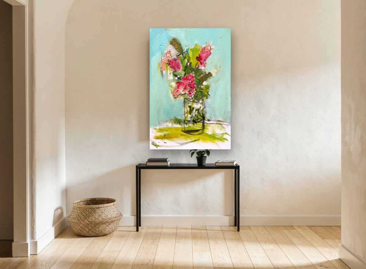 Pink Posy on Turquoise floral canvas print on the wall of a hallway