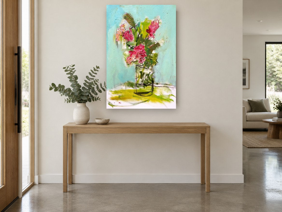 Pink Posy on Turquoise floral canvas print on the wall of a entry hall