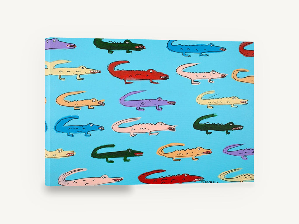 Rainbow Gator Parade, colourful cartoon alligators illustration, animal canvas wall art print ready to hang