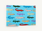 Rainbow Gator Parade, colourful cartoon alligators illustration, animal canvas wall art print ready to hang