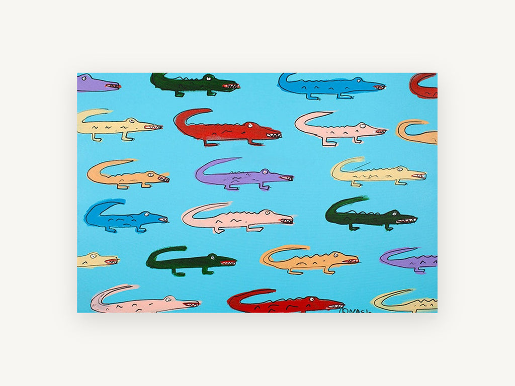 Rainbow Gator Parade, colourful cartoon alligators illustration, animal canvas wall art print, front view