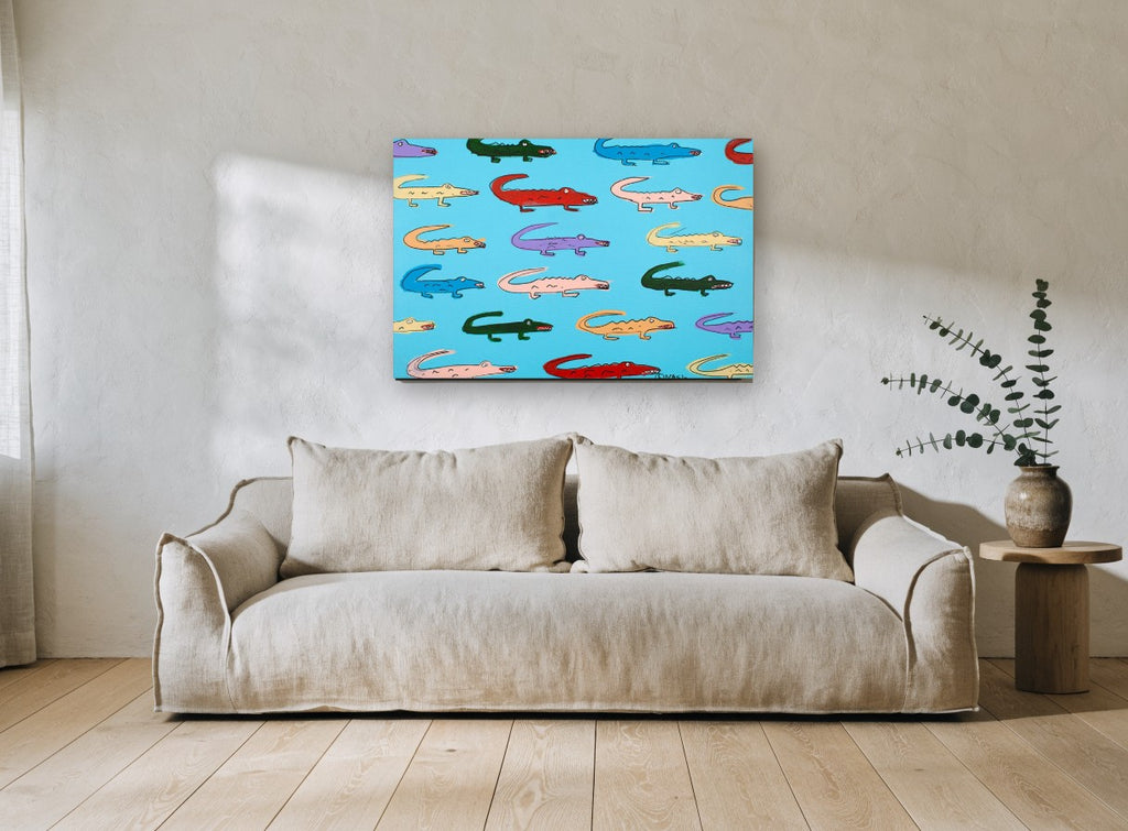 Rainbow Gator Parade animal canvas print on the wall of a living room