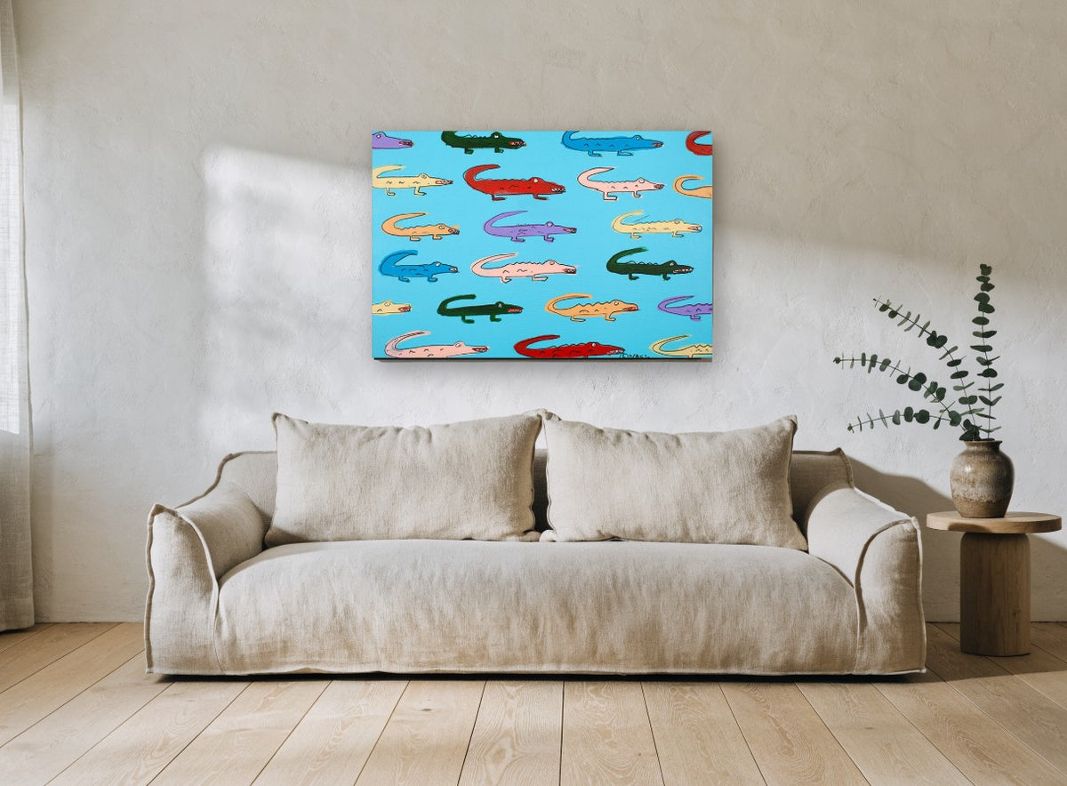 Rainbow Gator Parade animal canvas print on the wall of a living room