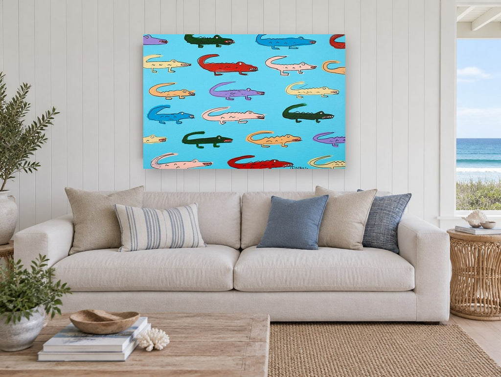 Rainbow Gator Parade animal canvas print on the wall of a beach house living room