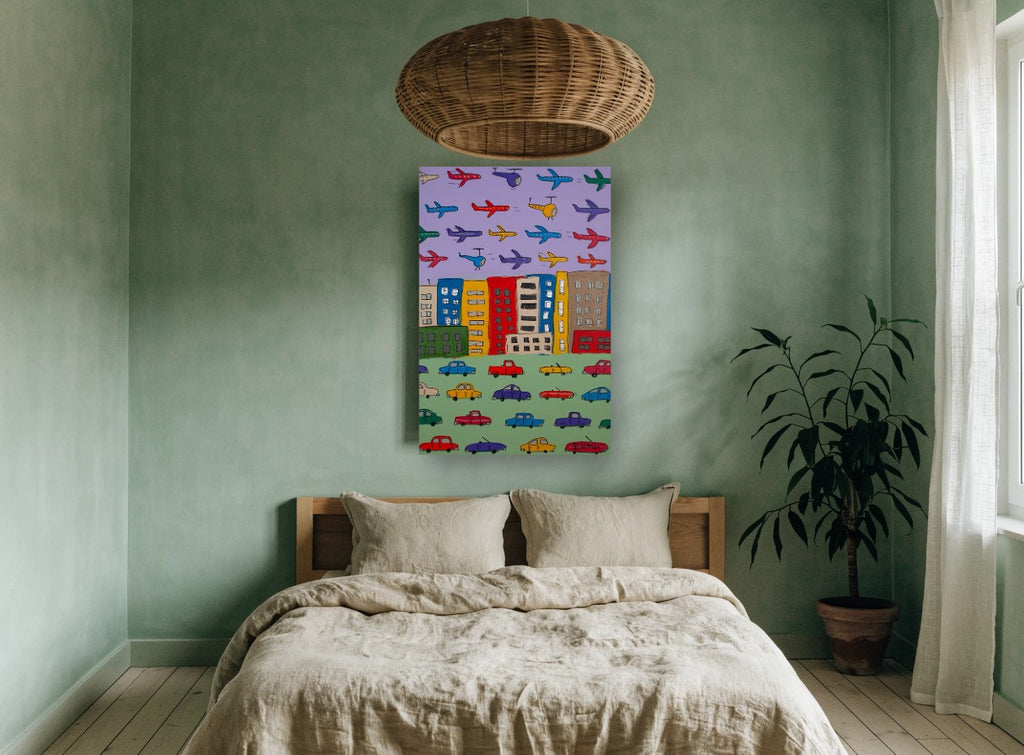Busy City Skies kids canvas print on the wall of a bedroom