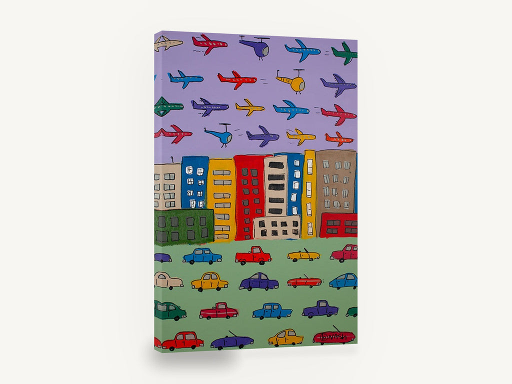 Busy City Skies, colourful cars planes city illustration, kids canvas wall art print ready to hang