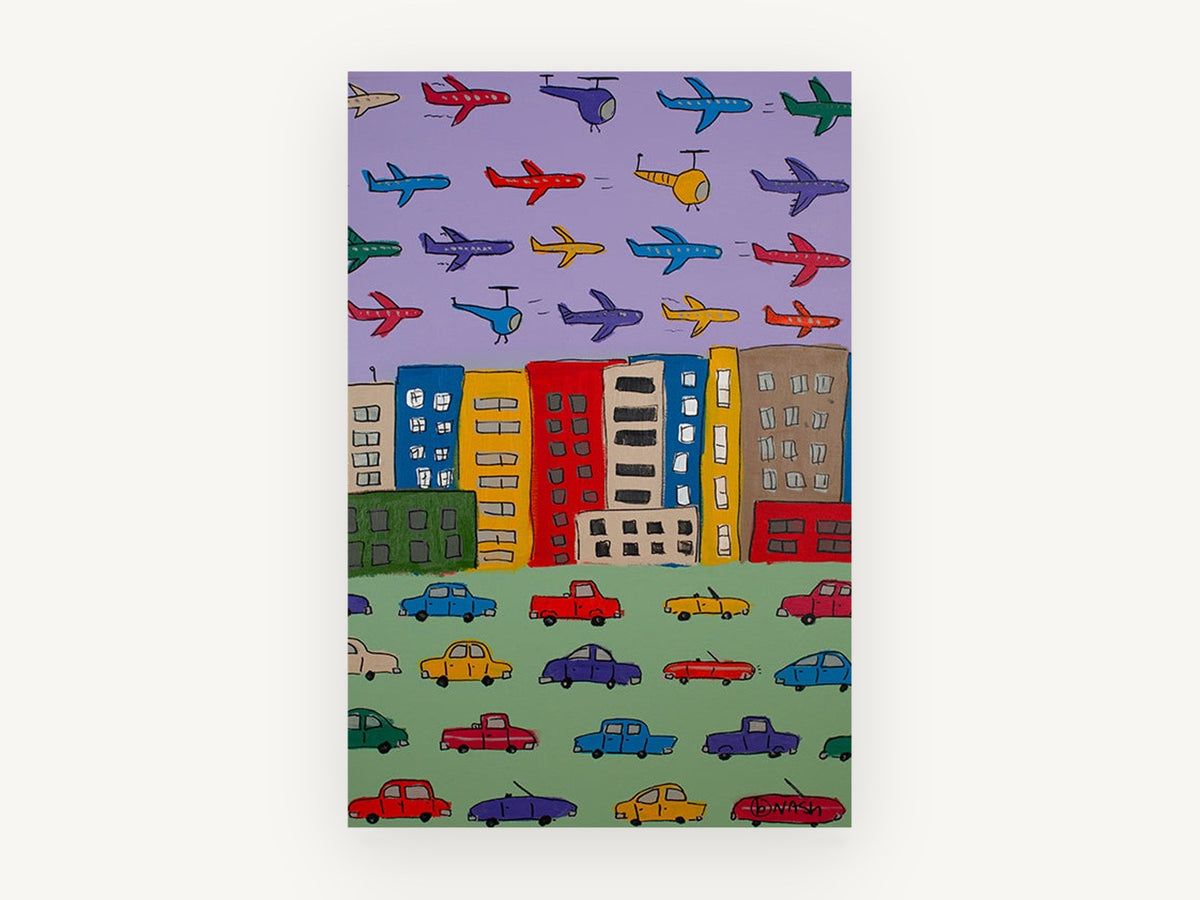 Busy City Skies, colourful cars planes city illustration, kids canvas wall art print, front view