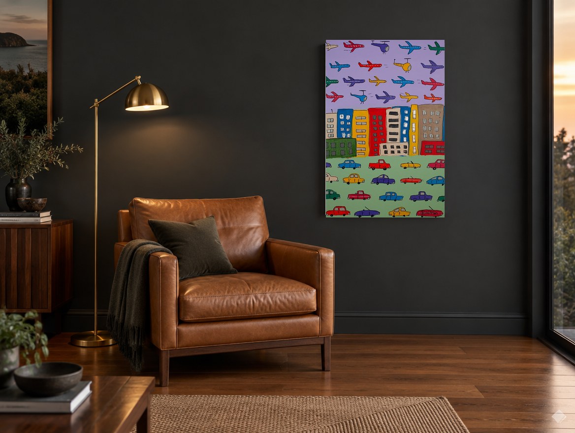 Busy City Skies kids canvas print on the wall of a charcoal living room