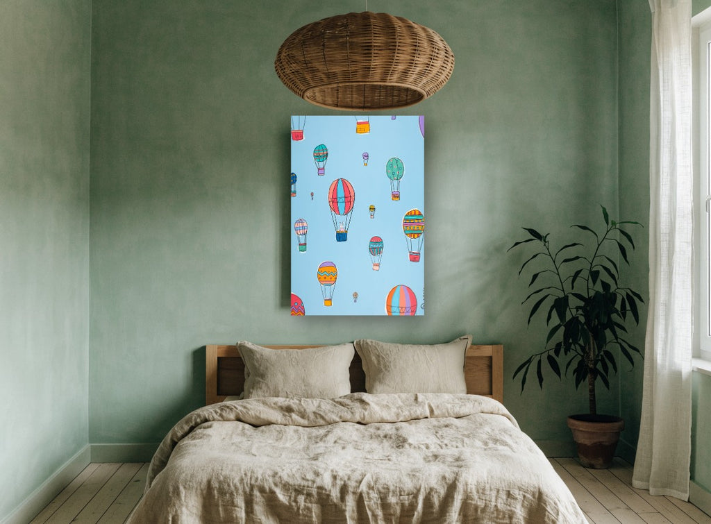 Bunny Balloon Ride kids canvas print on the wall of a bedroom