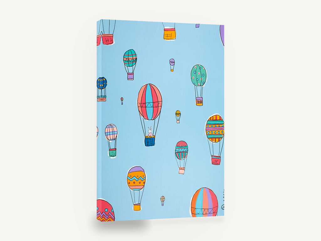 Bunny Balloon Ride, colourful hot air balloons kids illustration, kids canvas wall art print ready to hang