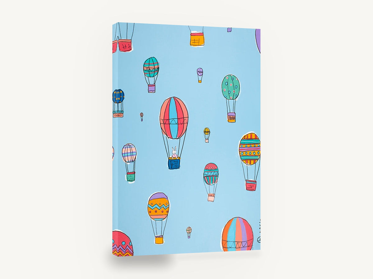 Bunny Balloon Ride, colourful hot air balloons kids illustration, kids canvas wall art print ready to hang