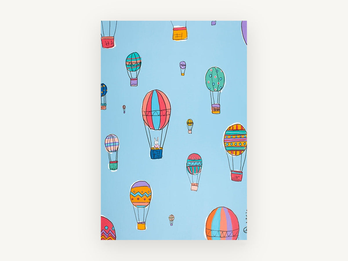 Bunny Balloon Ride, colourful hot air balloons kids illustration, kids canvas wall art print, front view