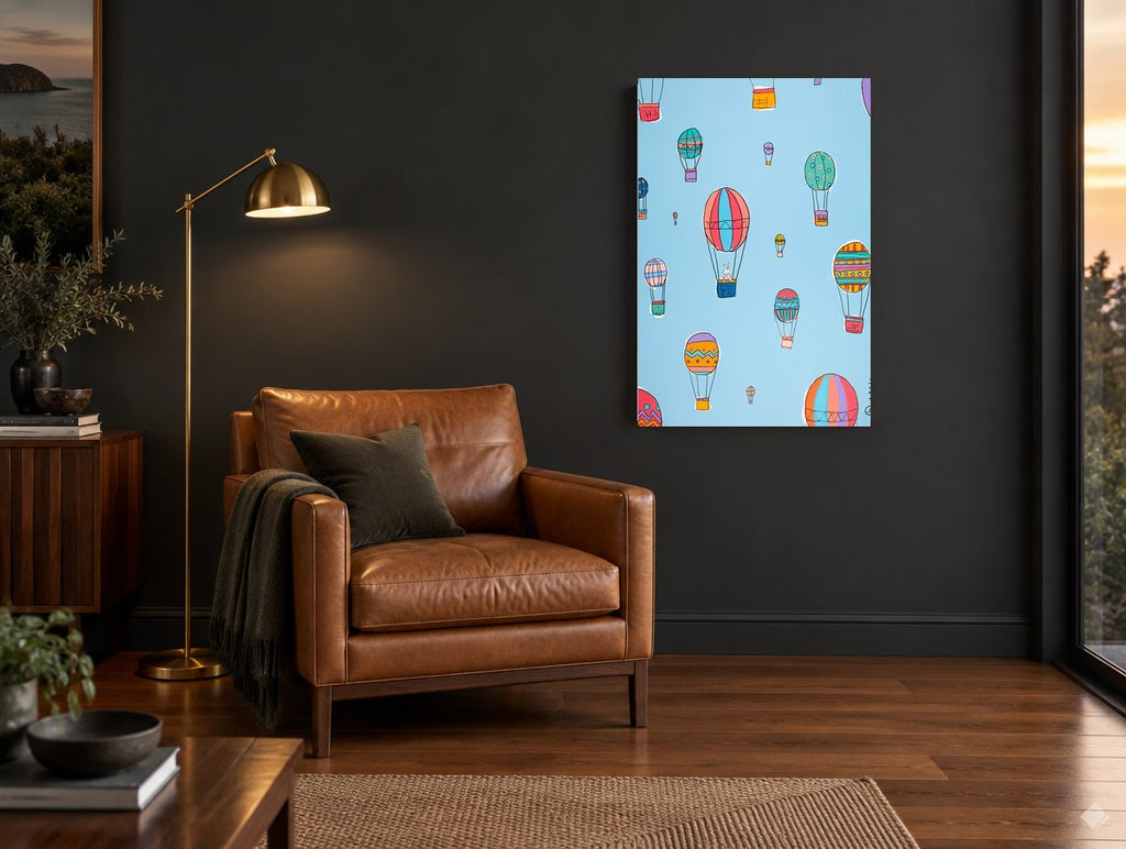 Bunny Balloon Ride kids canvas print on the wall of a charcoal living room
