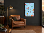 Bunny Balloon Ride kids canvas print on the wall of a charcoal living room