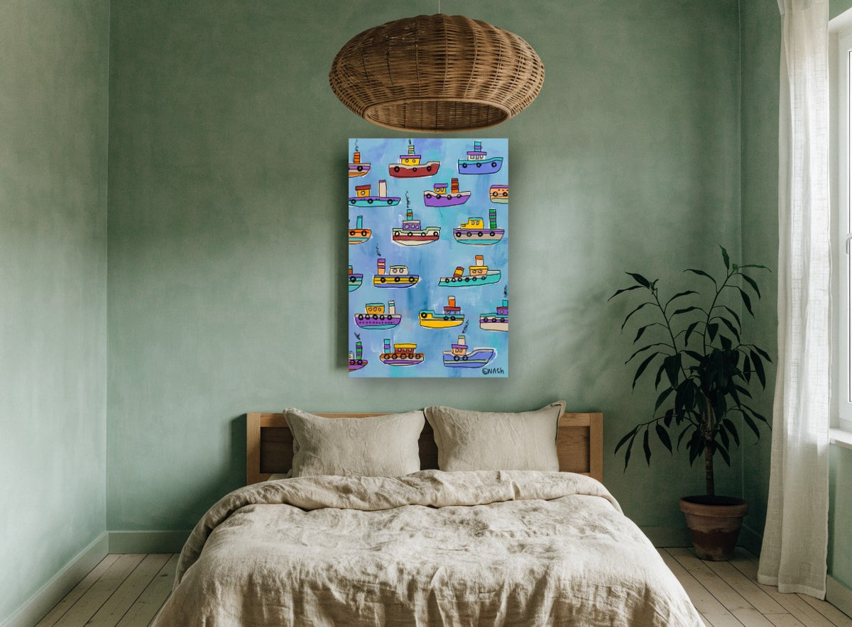 Little Tugboat Parade kids canvas print on the wall of a bedroom