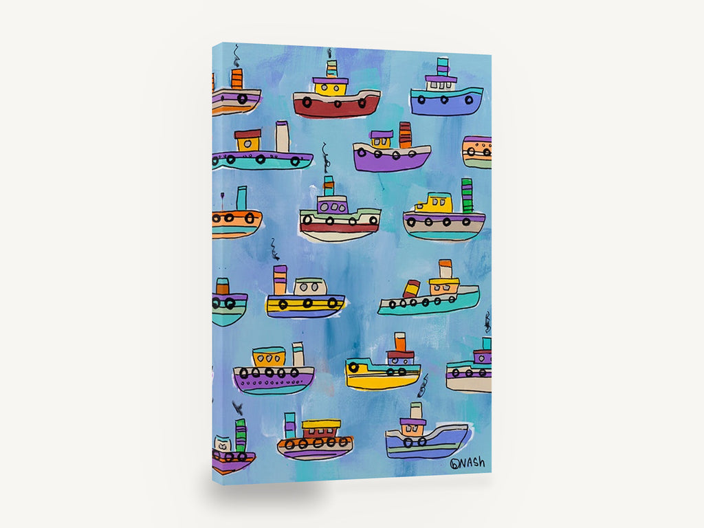 Little Tugboat Parade, colourful tugboats kids illustration, kids canvas wall art print ready to hang