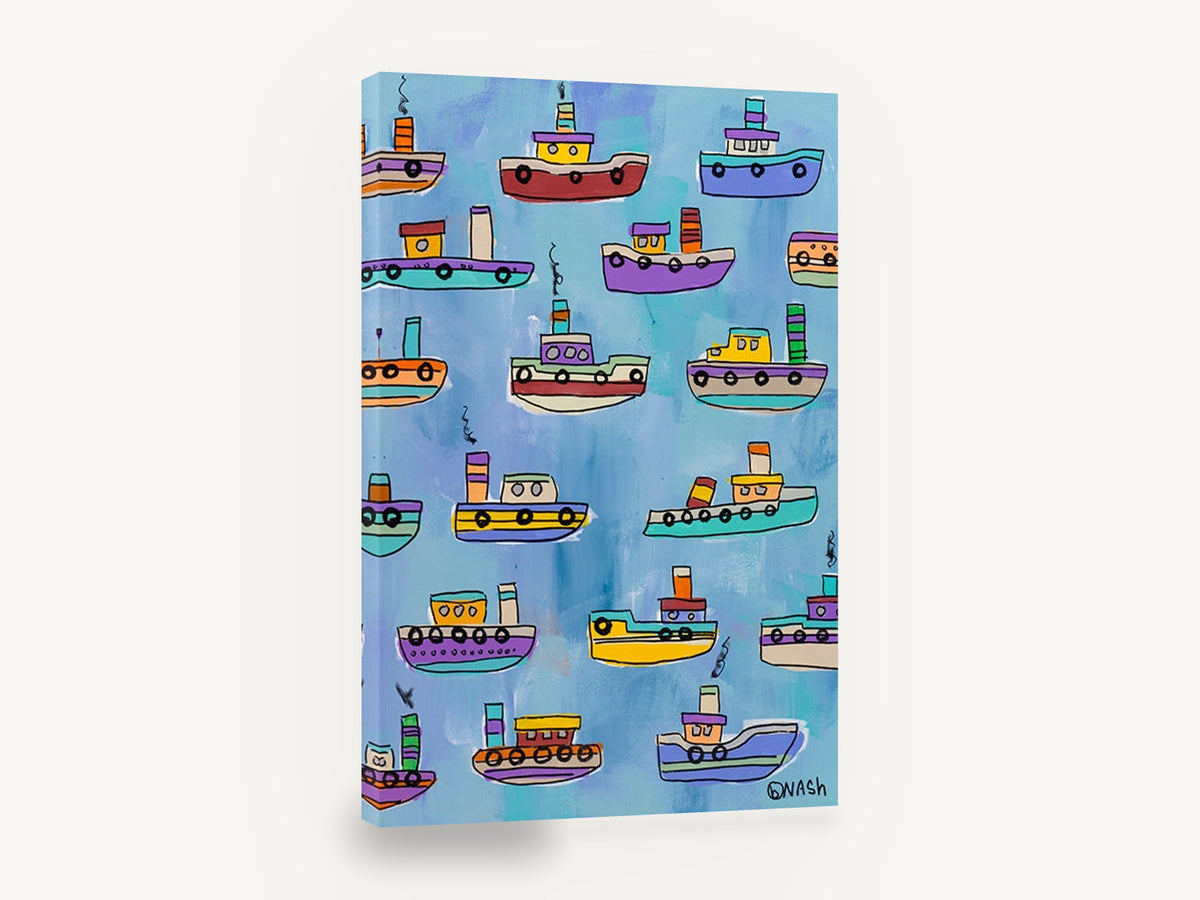 Little Tugboat Parade, colourful tugboats kids illustration, kids canvas wall art print ready to hang