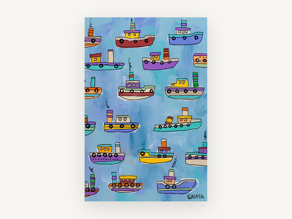 Little Tugboat Parade, colourful tugboats kids illustration, kids canvas wall art print, front view