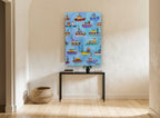 Little Tugboat Parade kids canvas print on the wall of a hallway