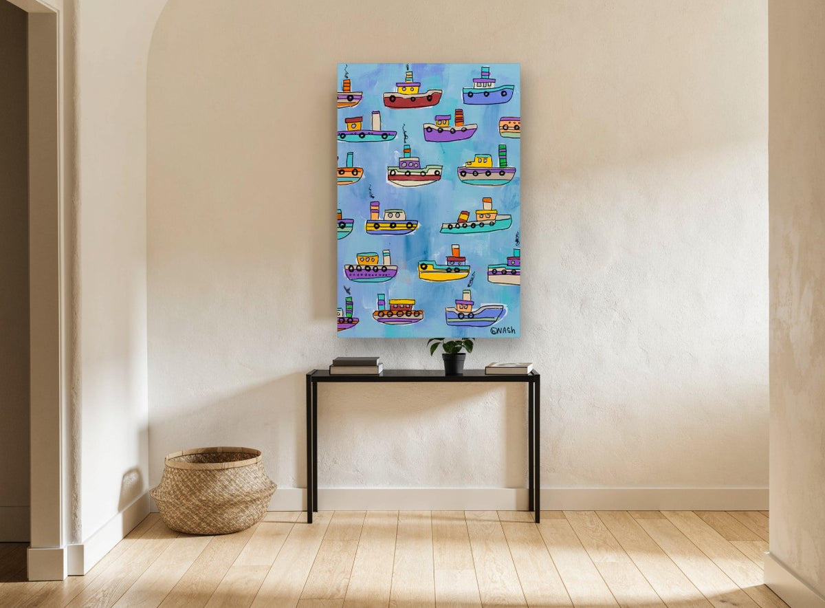 Little Tugboat Parade kids canvas print on the wall of a hallway
