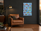 Little Tugboat Parade kids canvas print on the wall of a charcoal living room