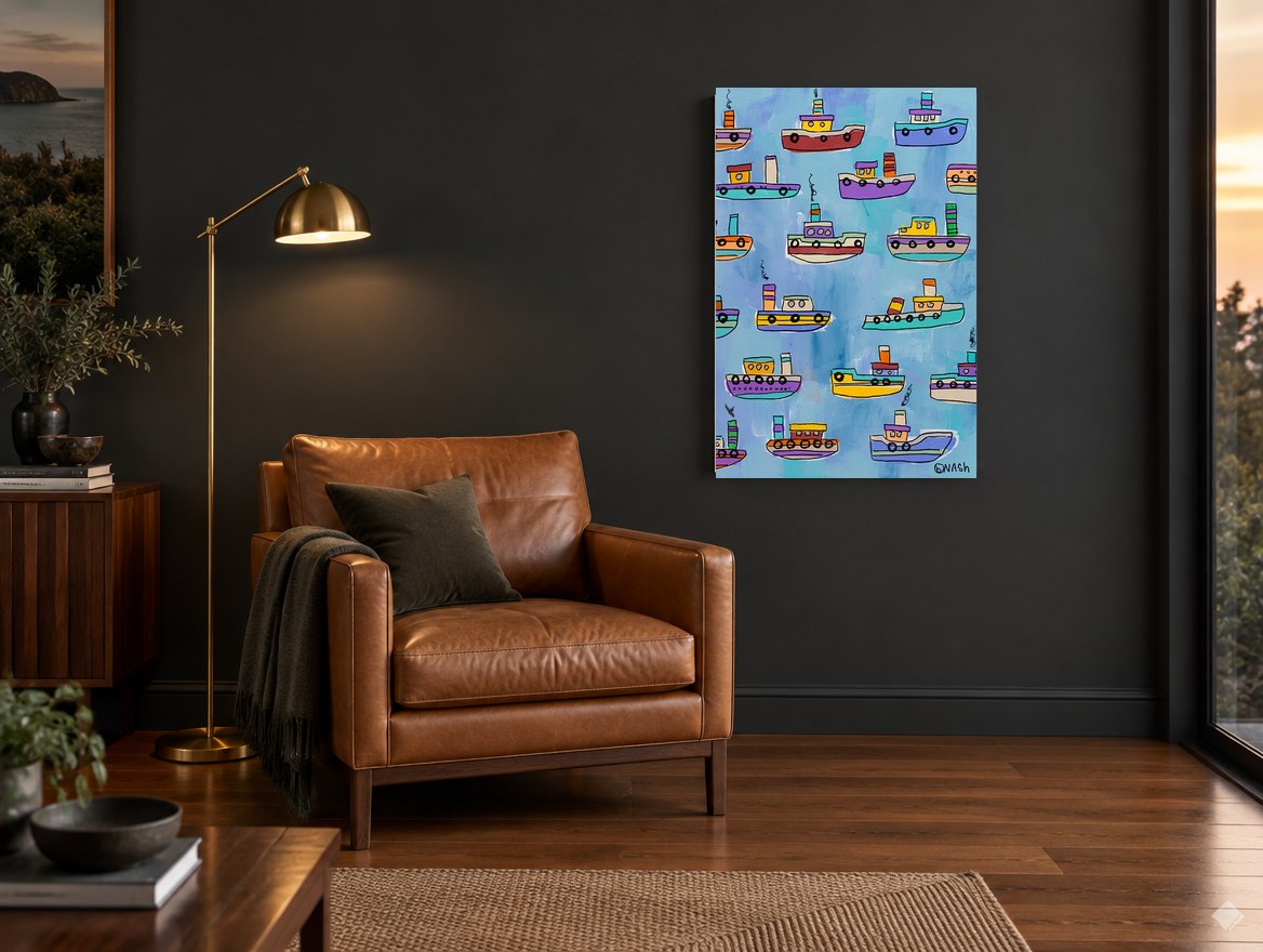 Little Tugboat Parade kids canvas print on the wall of a charcoal living room