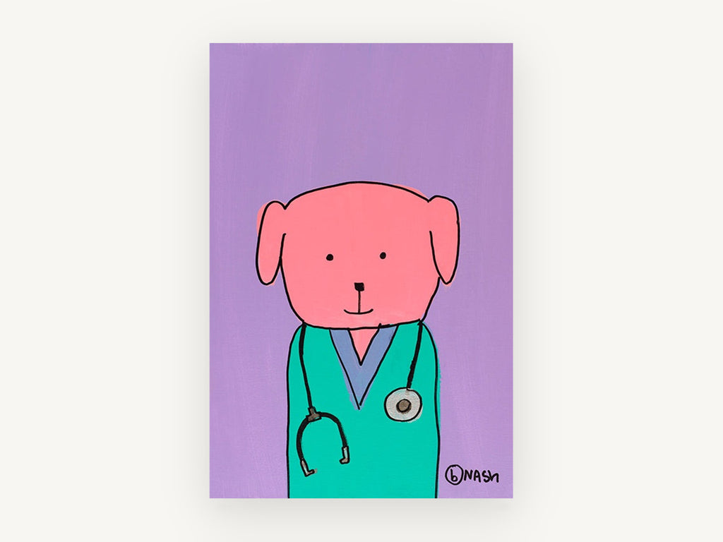 Nurse Pup in Scrubs, pink dog nurse illustration, animal canvas wall art print, front view