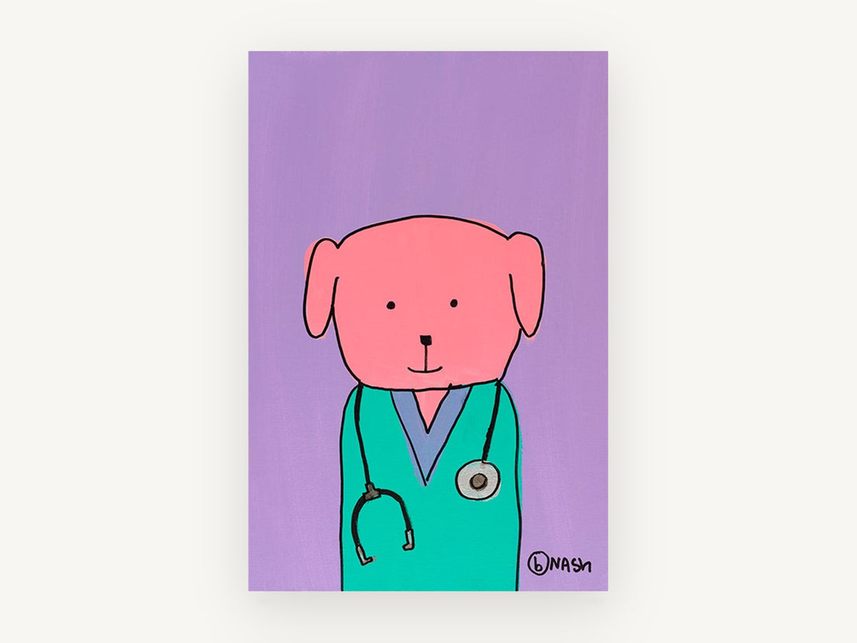 Nurse Pup in Scrubs, pink dog nurse illustration, animal canvas wall art print, front view