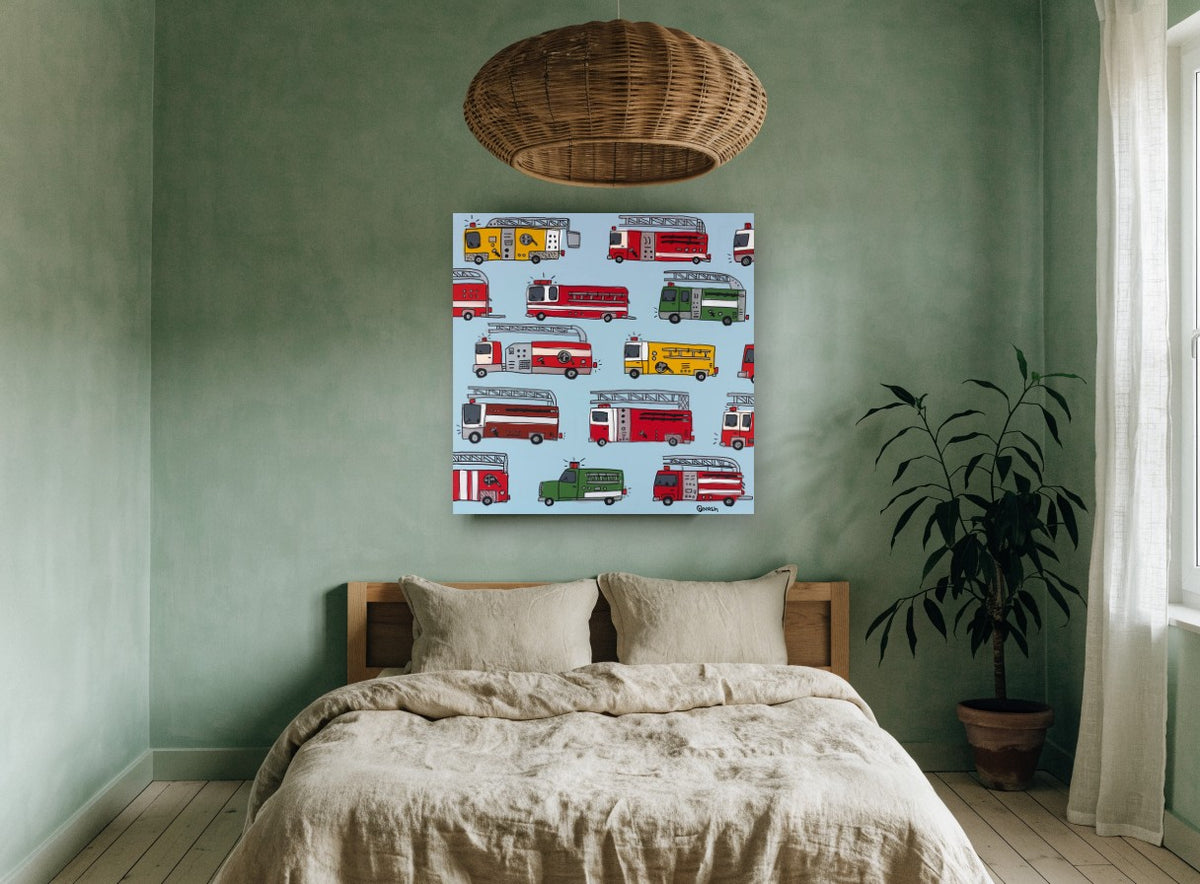 Fire Engine Parade kids canvas print on the wall of a bedroom