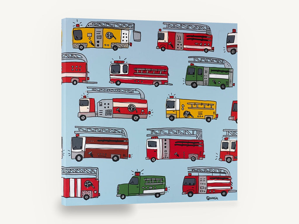 Fire Engine Parade, colourful fire trucks kids illustration, kids canvas wall art print ready to hang
