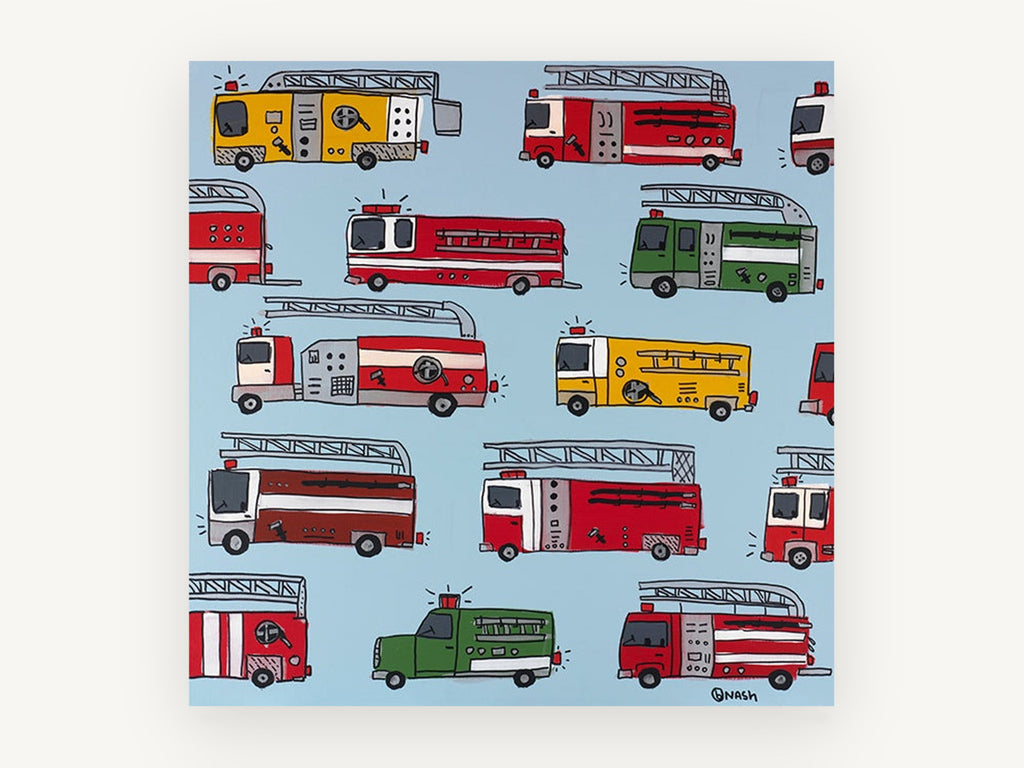 Fire Engine Parade, colourful fire trucks kids illustration, kids canvas wall art print, front view