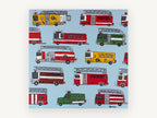 Fire Engine Parade, colourful fire trucks kids illustration, kids canvas wall art print, front view