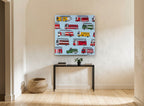 Fire Engine Parade kids canvas print on the wall of a hallway