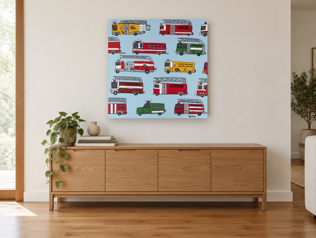 Fire Engine Parade kids canvas print on the wall of a living room above a sideboard