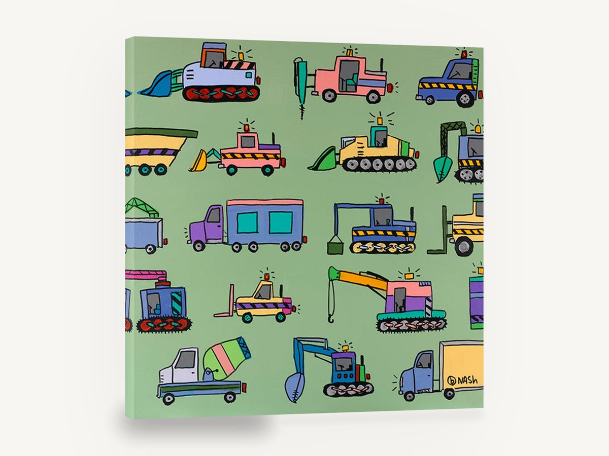 Construction Crew Parade, colourful construction vehicles kids illustration, kids canvas wall art print ready to hang