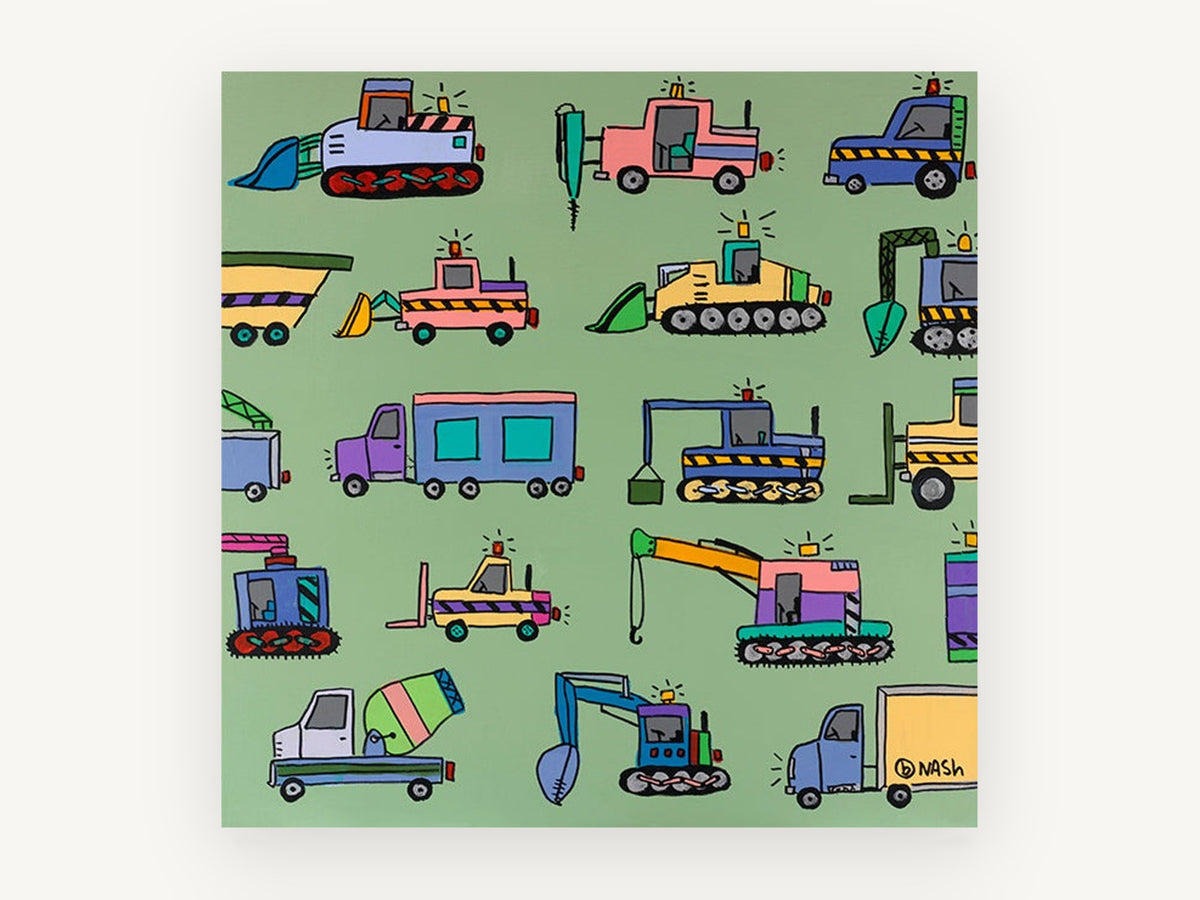 Construction Crew Parade, colourful construction vehicles kids illustration, kids canvas wall art print, front view