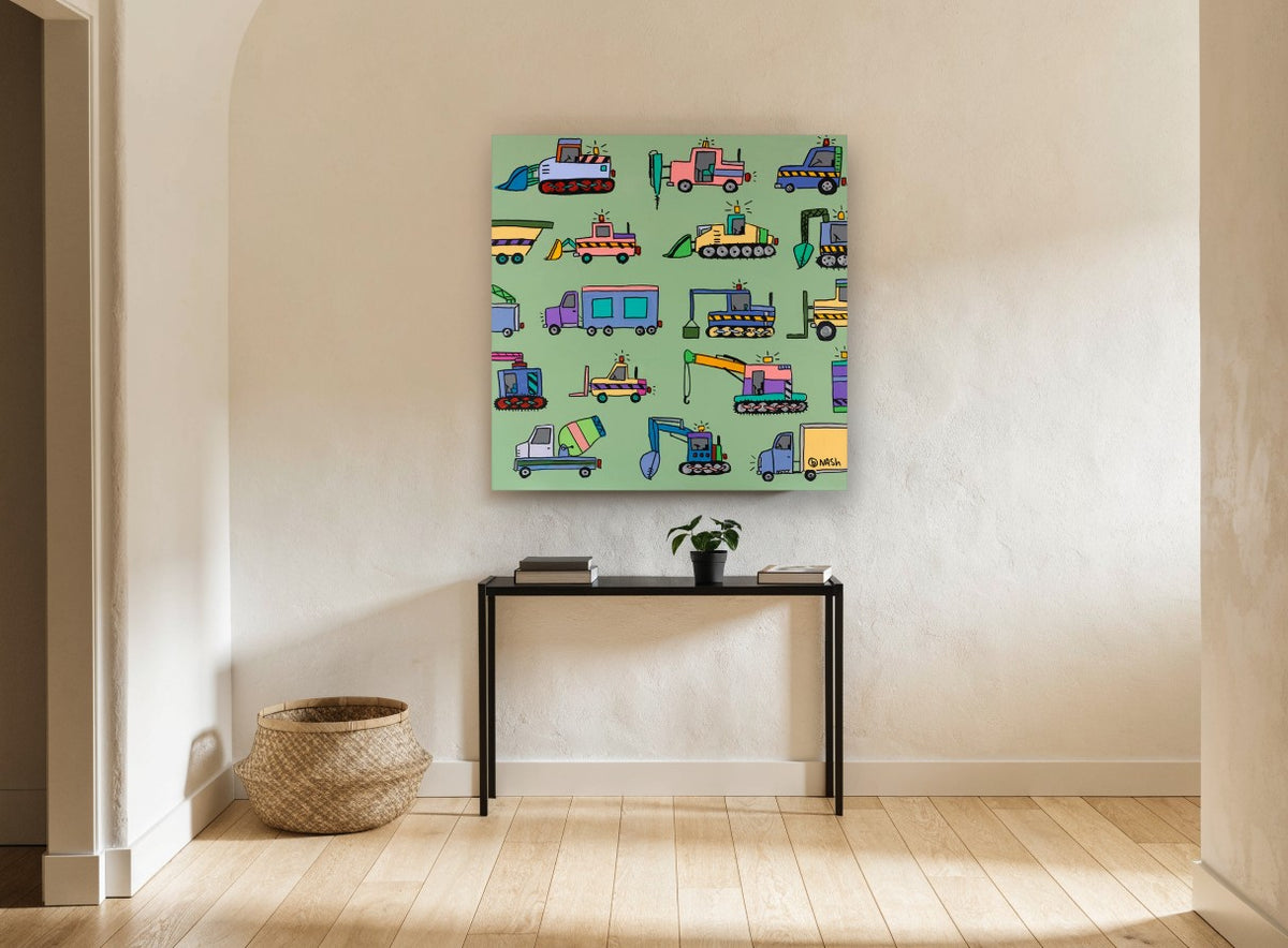 Construction Crew Parade kids canvas print on the wall of a hallway
