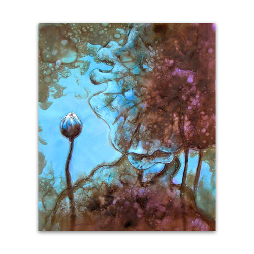 Ambiguous One, blue and rust abstract seed pod hand-painted oil painting on canvas