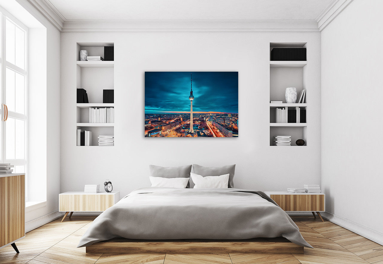 Berlin City Nights Wall Art Print on the wall