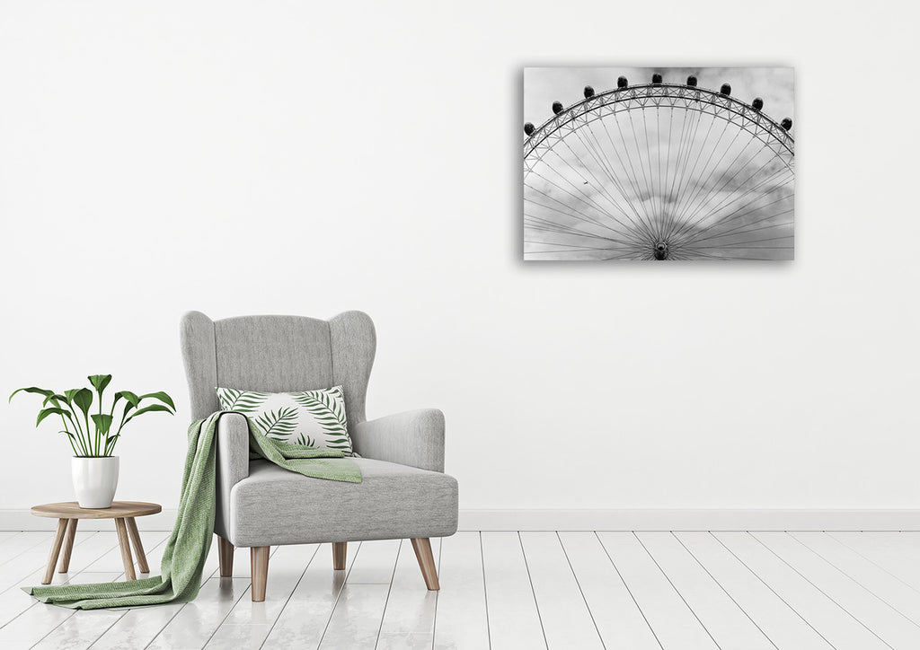 Black and White London Eye Wall Art Print on the wall