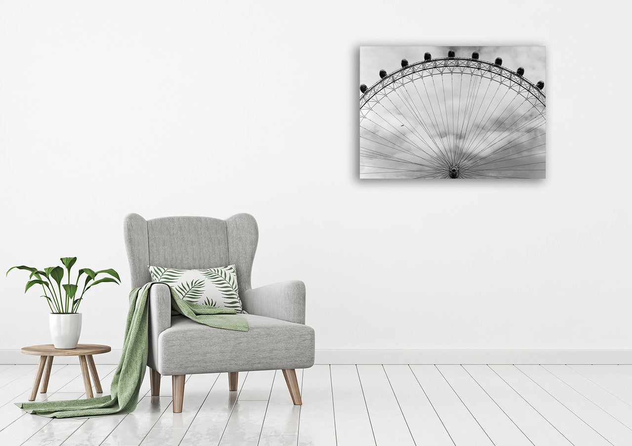 Black and White London Eye Wall Art Print on the wall